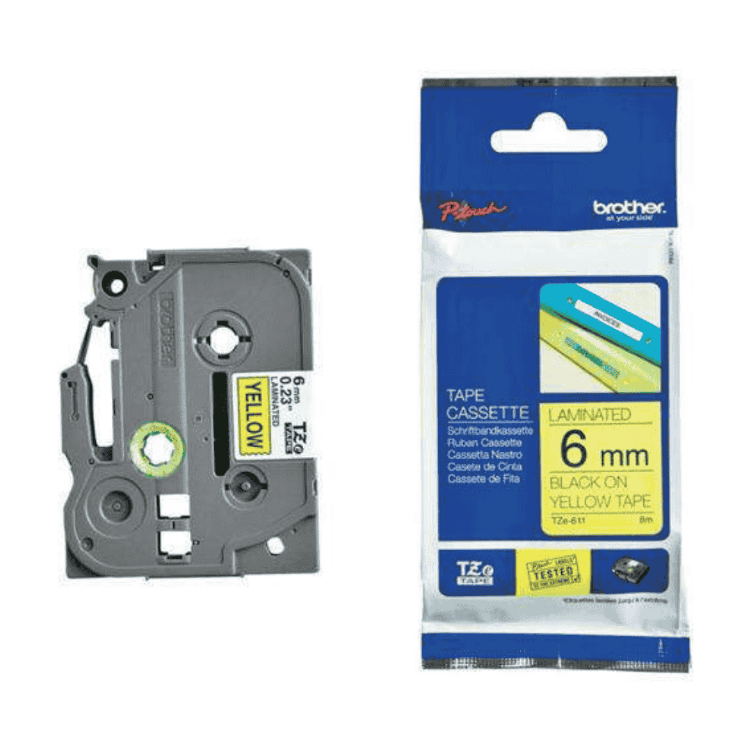 Brother TZE 611 in Black on Yellow tape 6mm (8metres)
