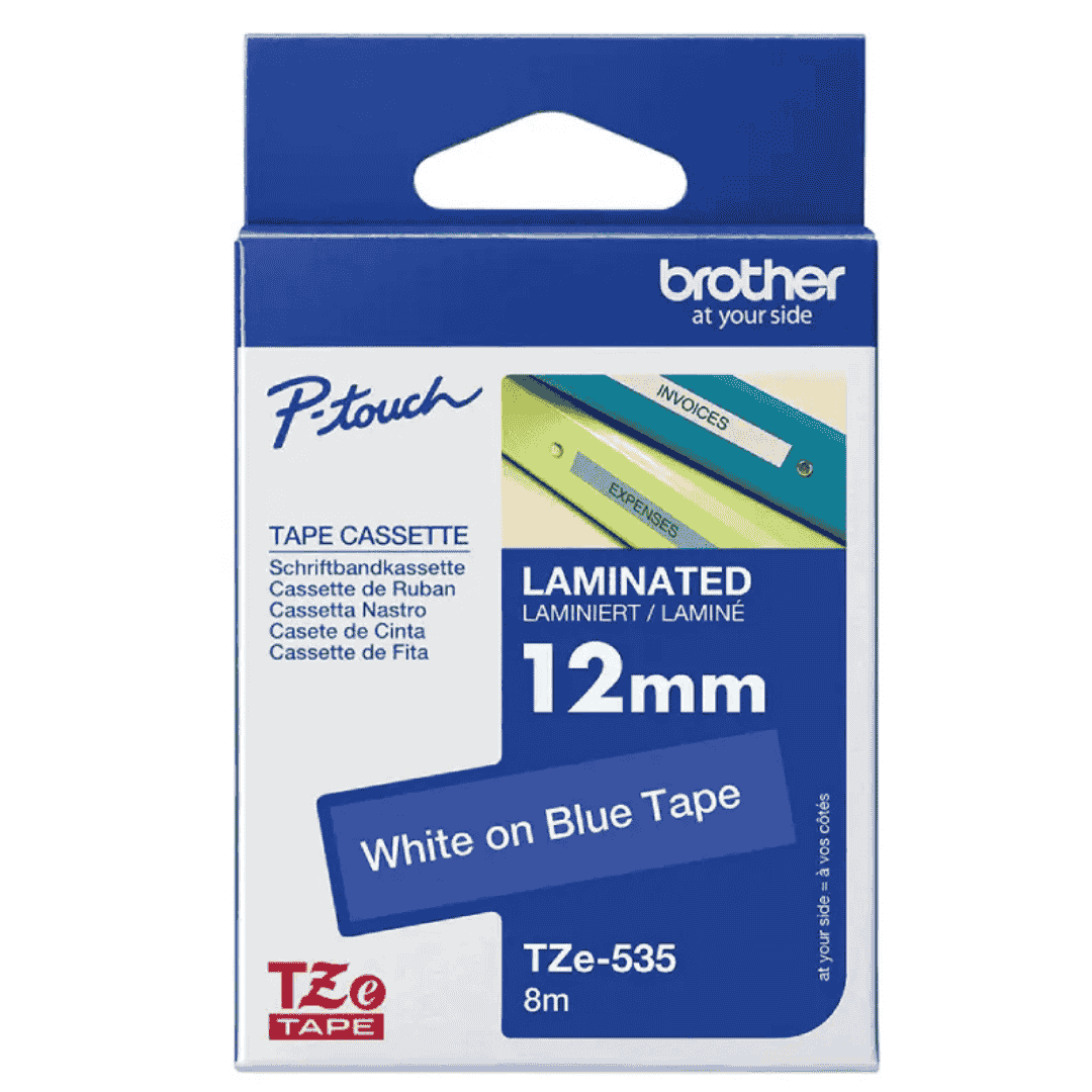 Brother TZe-535 12mm White-on-Blue Laminated Label Tape – 8m Cassette for P-Touch Printers