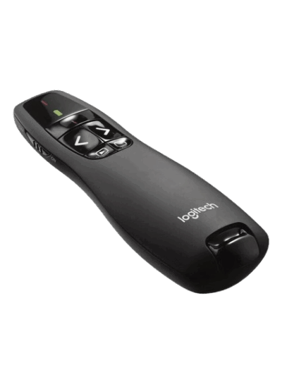 Logitech R400 Wireless Presentation Remote, 2.4 GHz, USB-Receiver, Red Laser Pointer, 15-Meter Operating Range, 6 Buttons, Intuitive Slideshow Control, Battery Indicator, PC Black