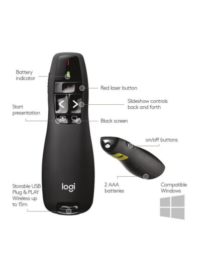 Logitech R400 Wireless Presentation Remote, 2.4 GHz, USB-Receiver, Red Laser Pointer, 15-Meter Operating Range, 6 Buttons, Intuitive Slideshow Control, Battery Indicator, PC Black - Image 3